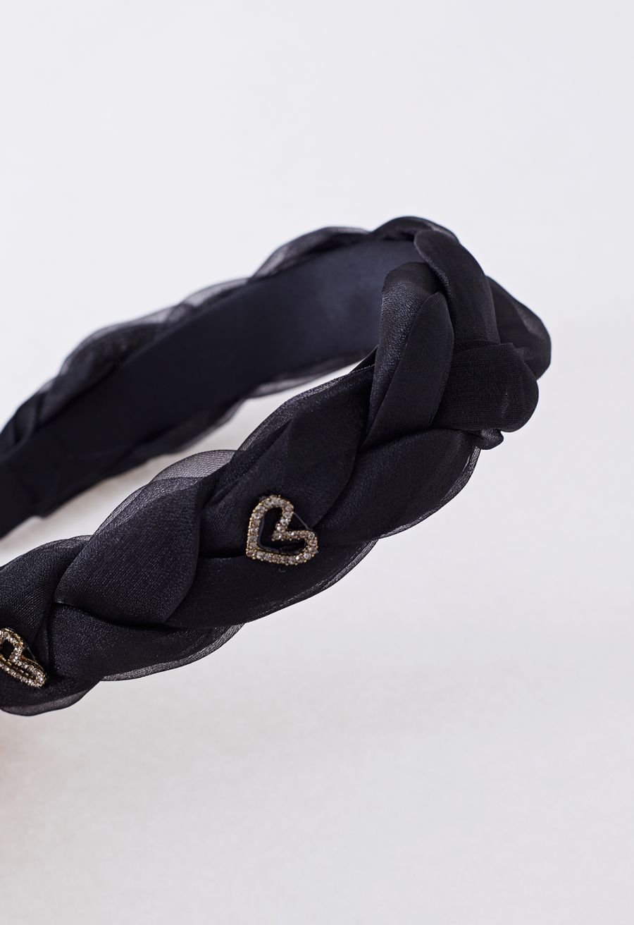 Crystal Heart Braided Organza Headband in Black