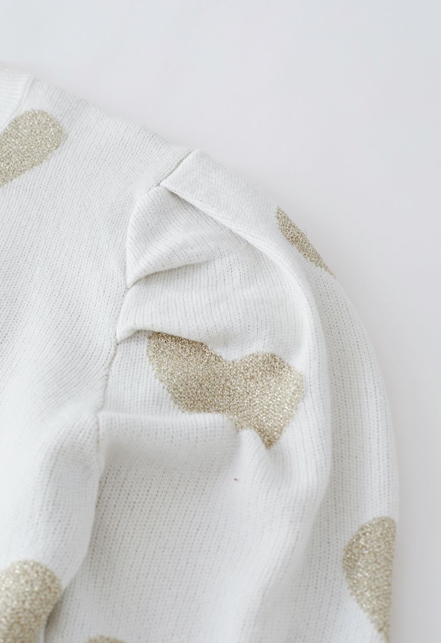 Metallic Heart Puff Shoulder Knit Sweater in Ivory