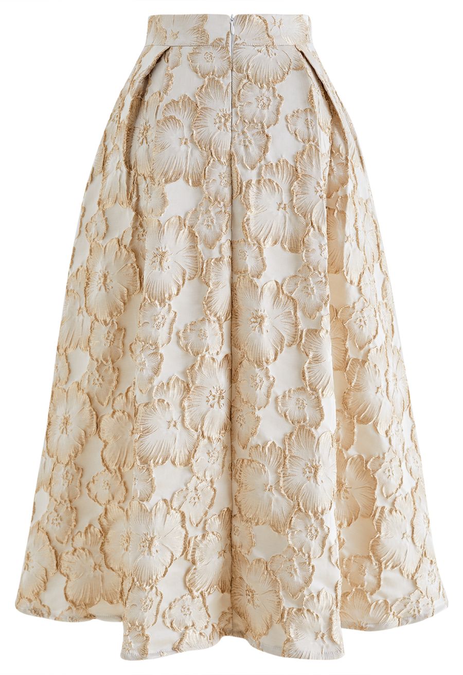 Thriving Golden Blossom Embossed Jacquard Midi Skirt