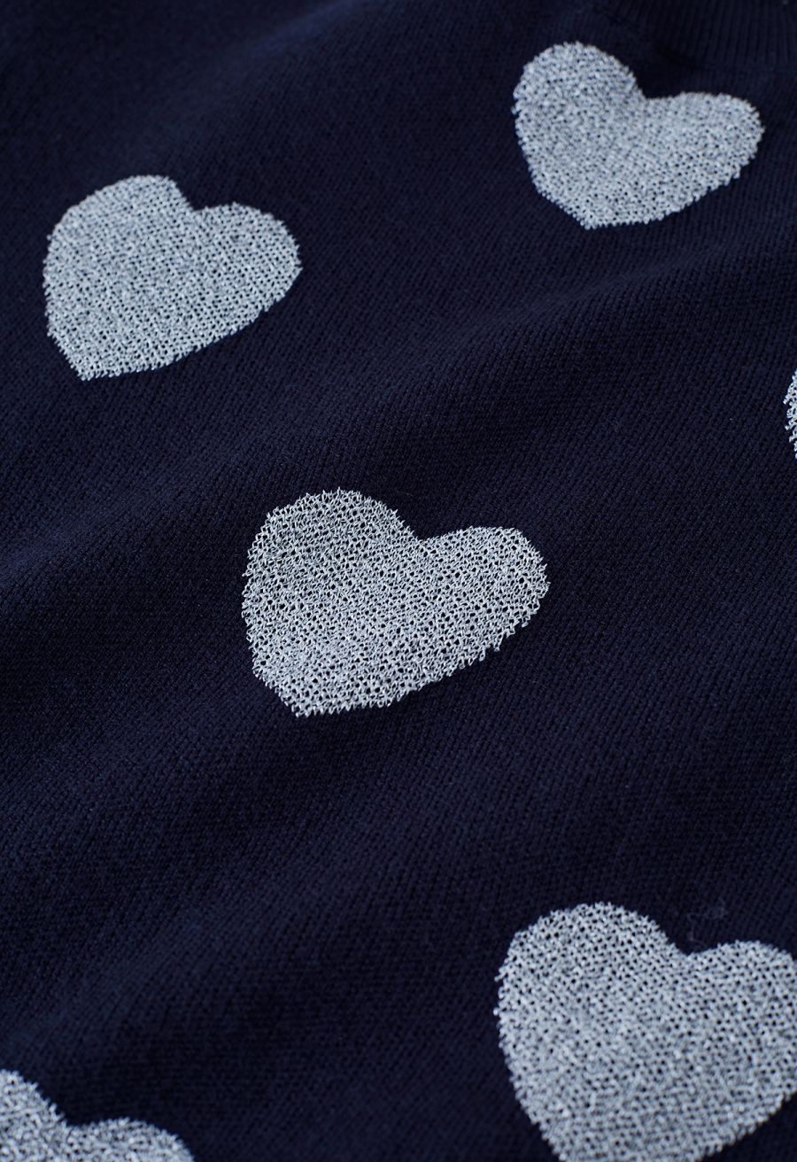 Metallic Heart Puff Shoulder Knit Sweater in Navy