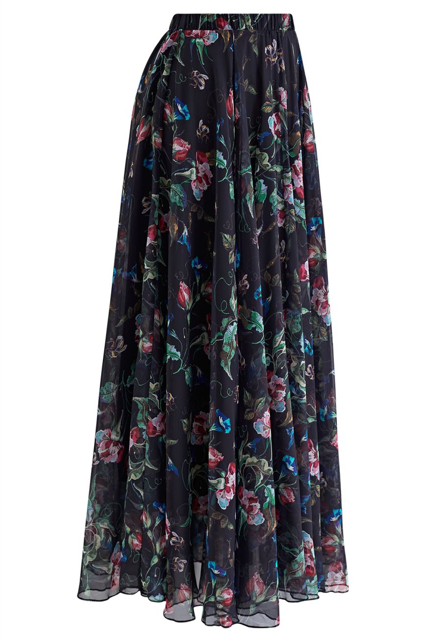 Blooming Carnation Printed Chiffon Maxi Skirt