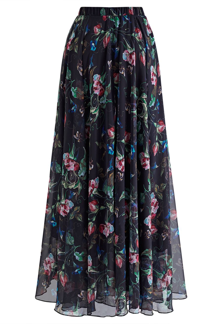 Blooming Carnation Printed Chiffon Maxi Skirt