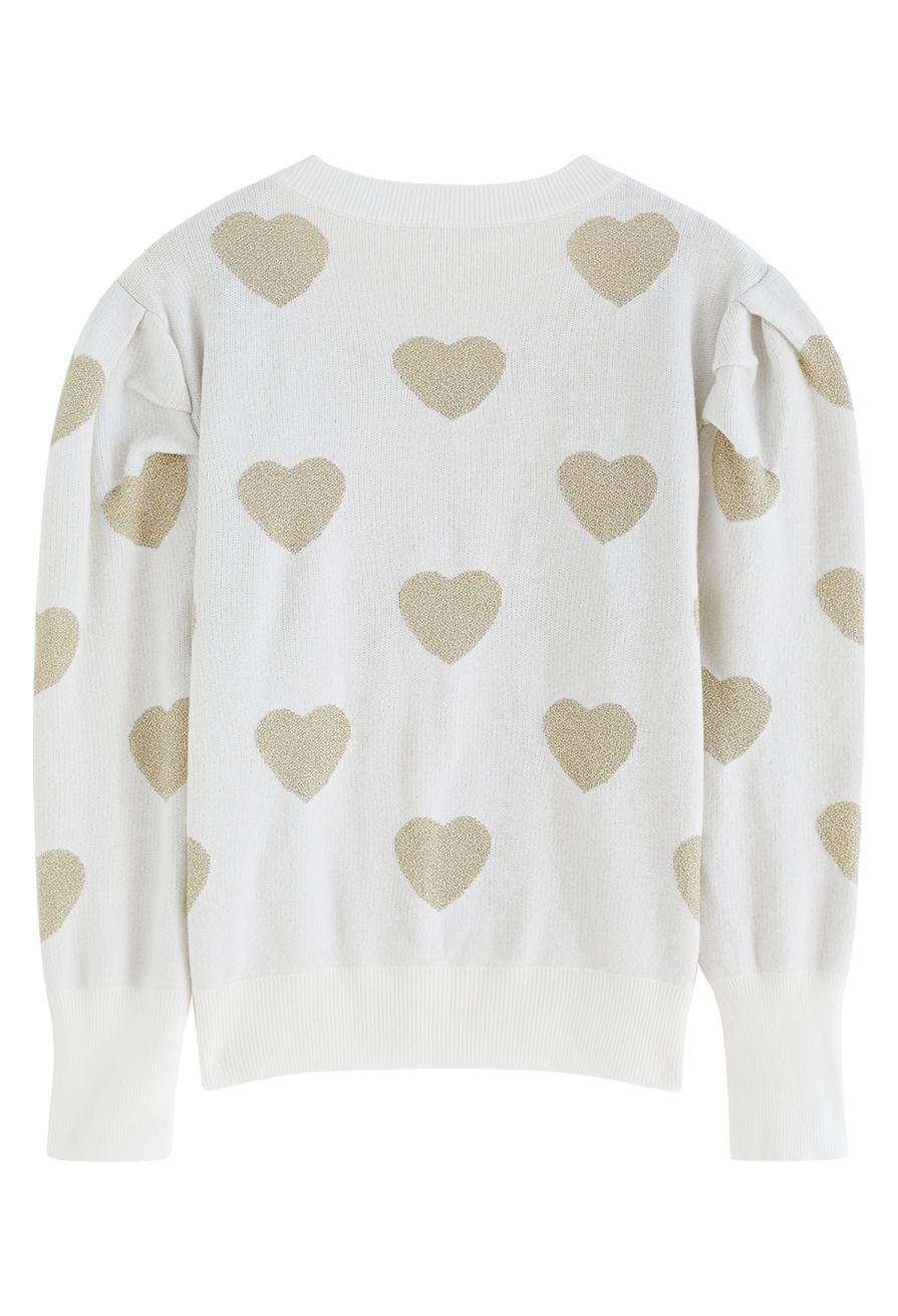 Metallic Heart Puff Shoulder Knit Sweater in Ivory