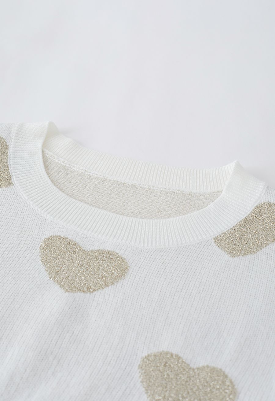 Metallic Heart Puff Shoulder Knit Sweater in Ivory