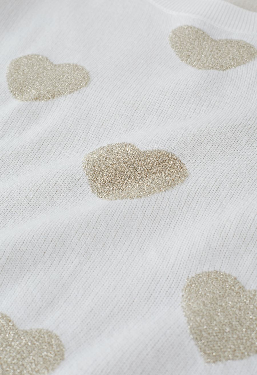 Metallic Heart Puff Shoulder Knit Sweater in Ivory