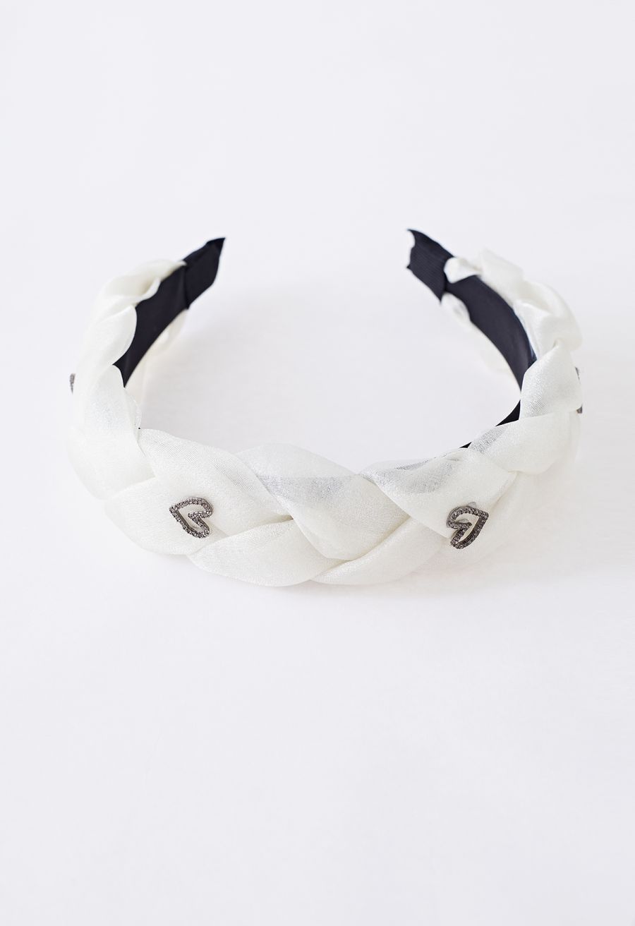 Crystal Heart Braided Organza Headband in Cream