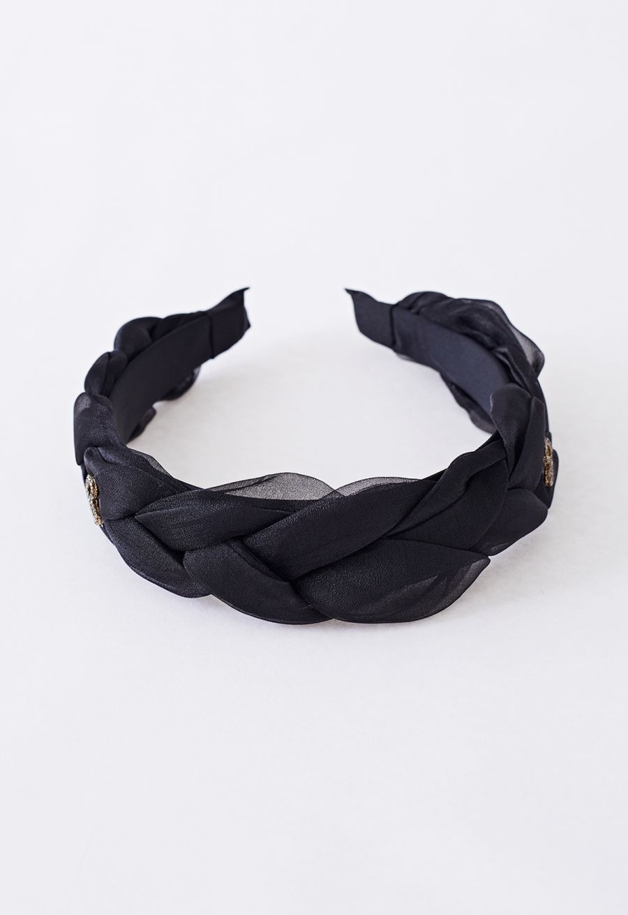 Crystal Heart Braided Organza Headband in Black