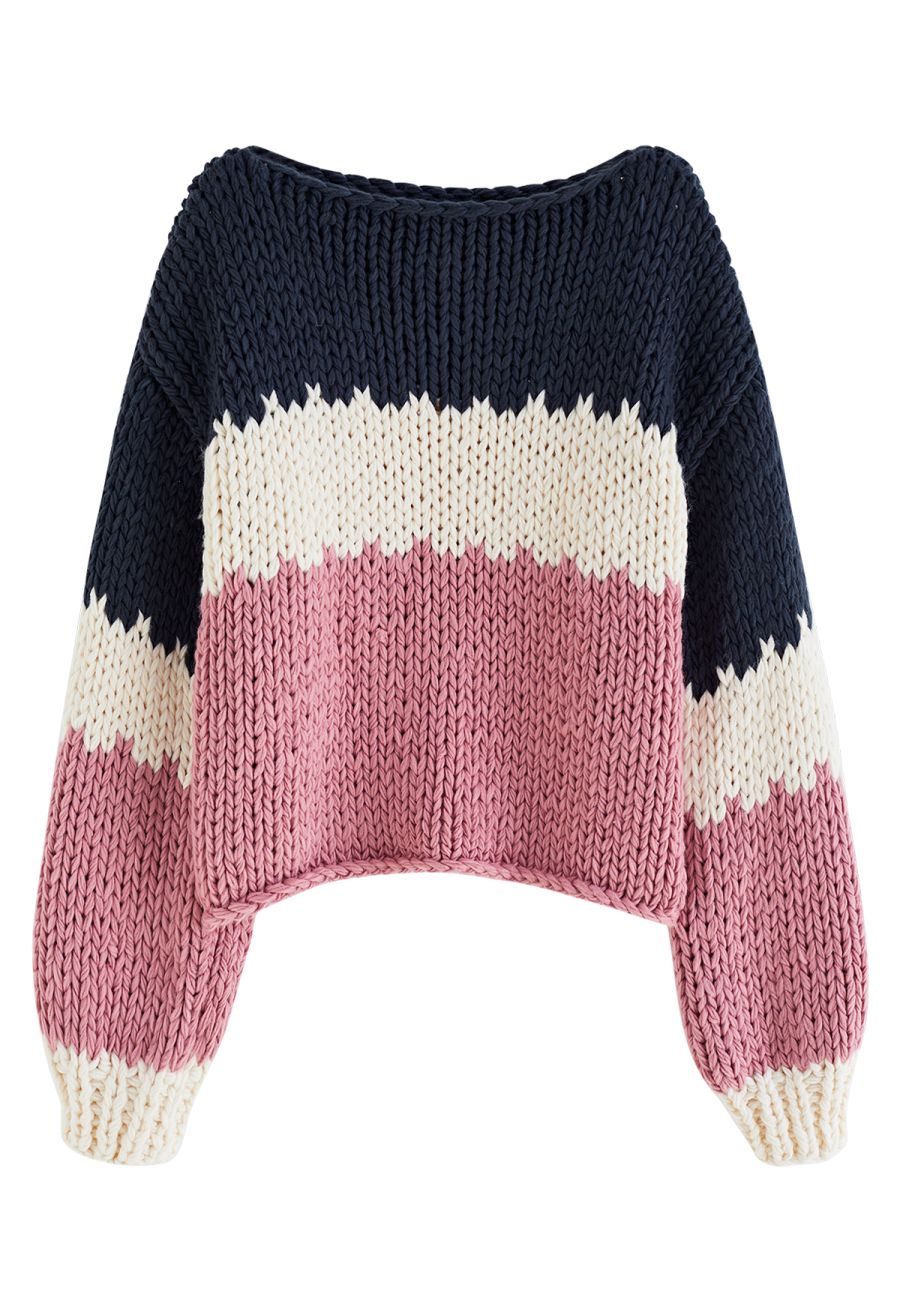 Color Block Balloon Sleeve Chunky Hand Knit Sweater in Pink