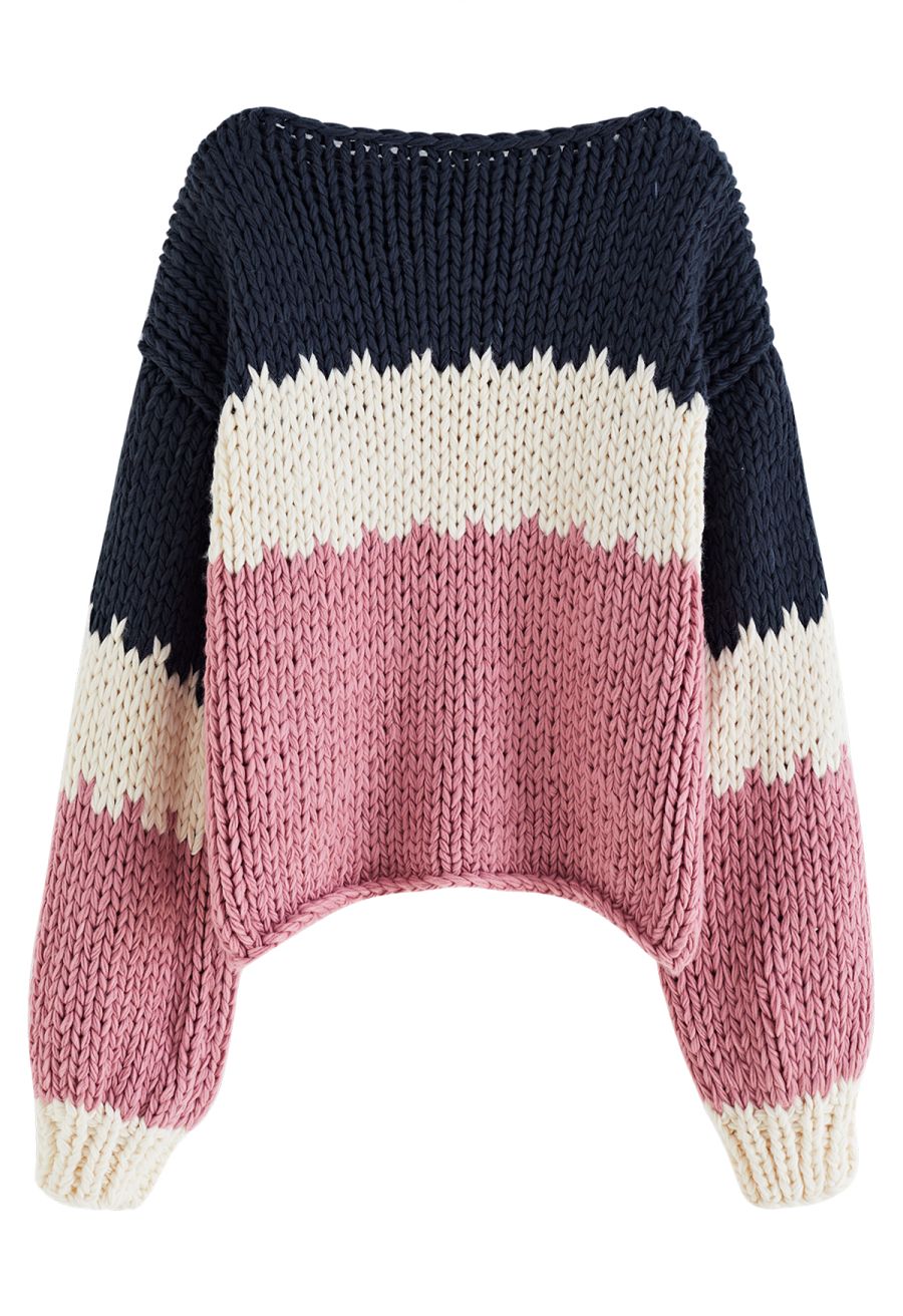 Color Block Balloon Sleeve Chunky Hand Knit Sweater in Pink