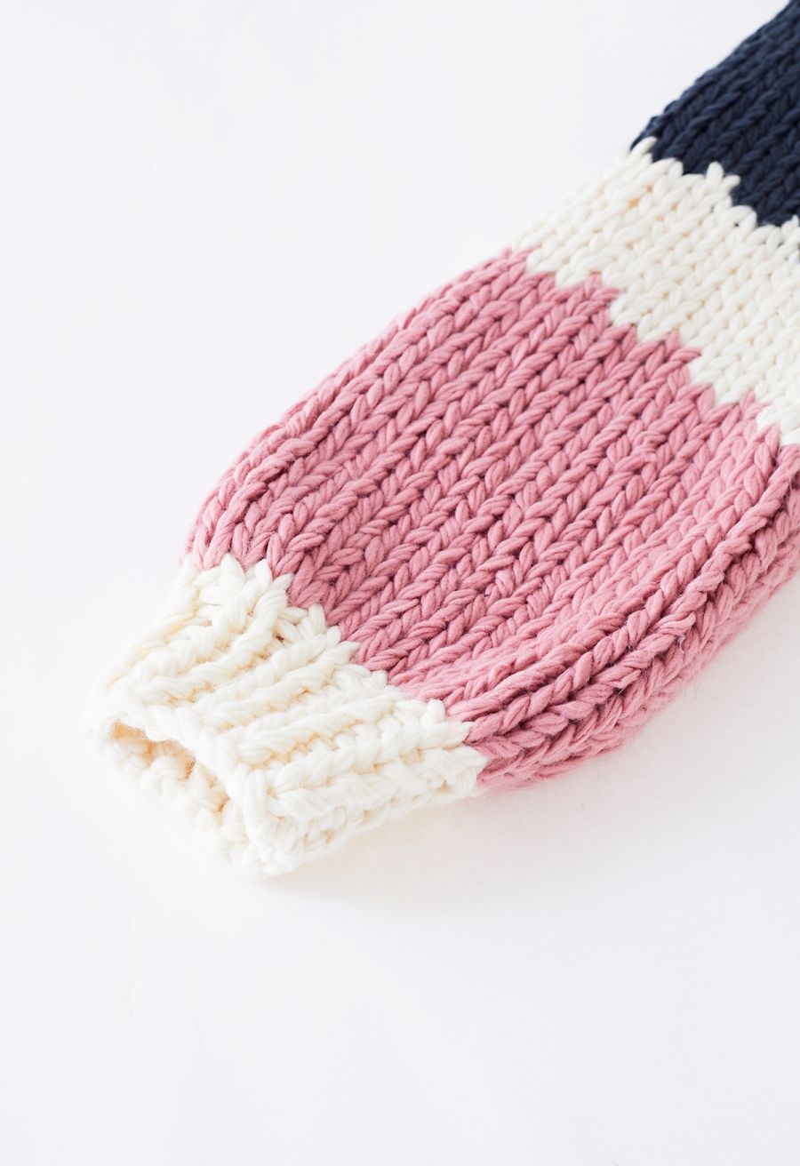 Color Block Balloon Sleeve Chunky Hand Knit Sweater in Pink