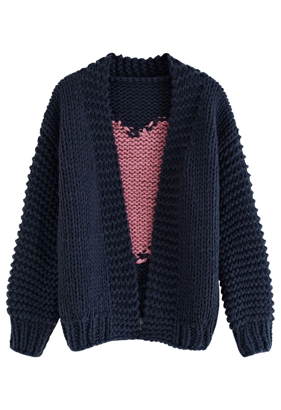 Key to My Heart Hand Knit Chunky Cardigan in Navy