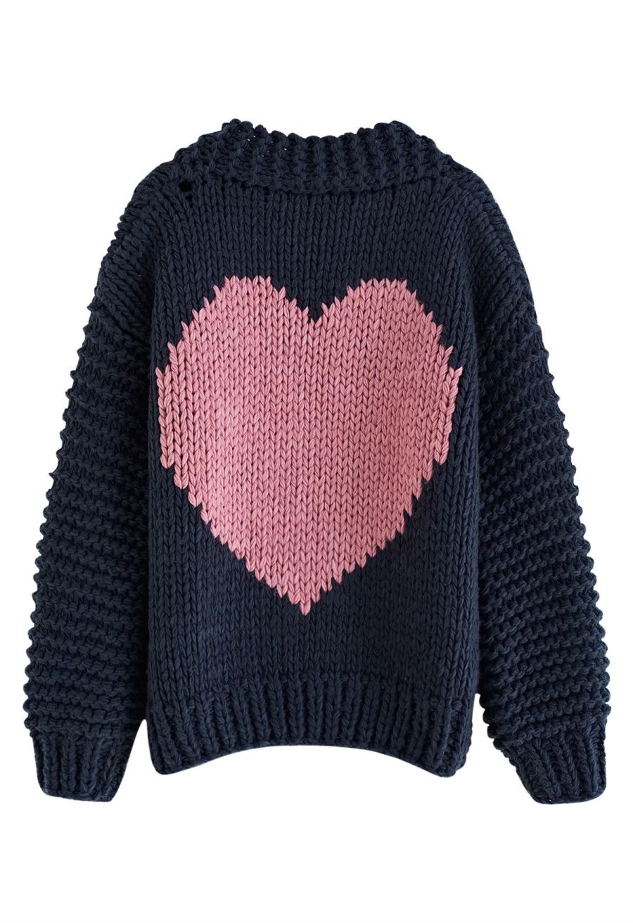 Key to My Heart Hand Knit Chunky Cardigan in Navy