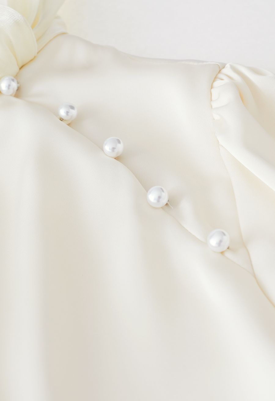 Organza Bowknot Pearl Satin Shirt in Light Yellow