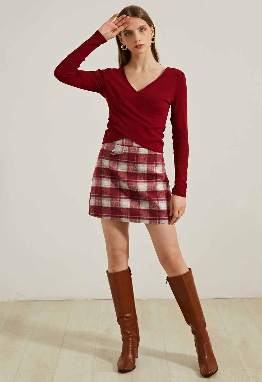 Crisscross Faux-Wrap Soft Cotton Top in Red