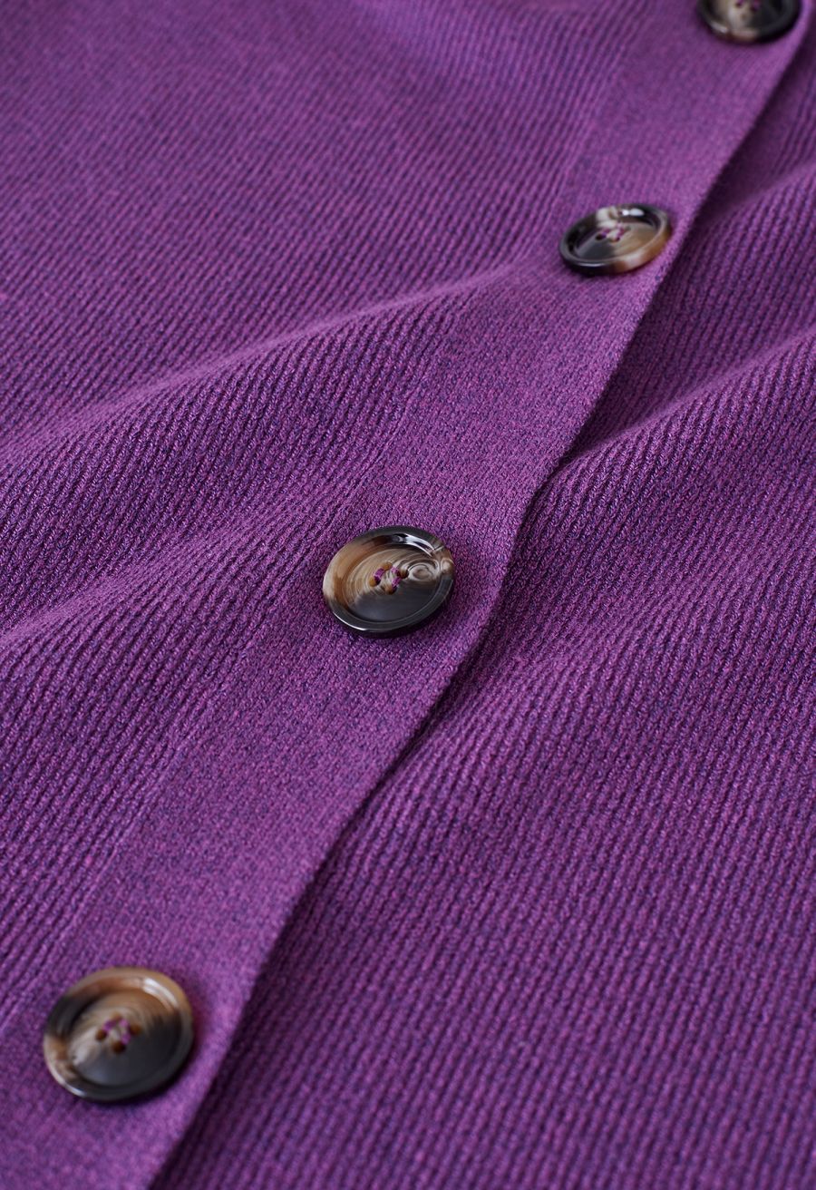 V-Neck Button Down Knit Midi Dress in Purple