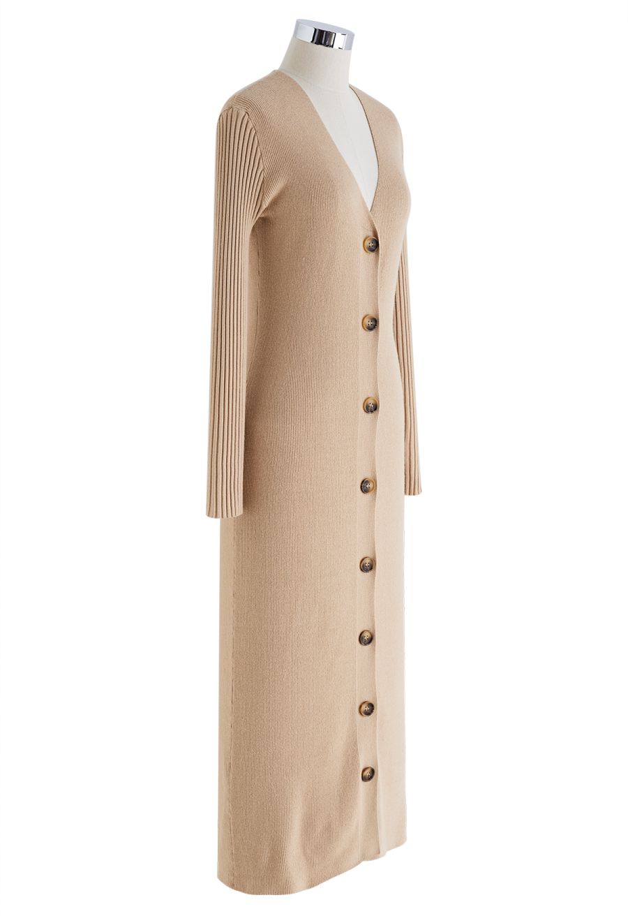 V-Neck Button Down Knit Midi Dress in Light Tan