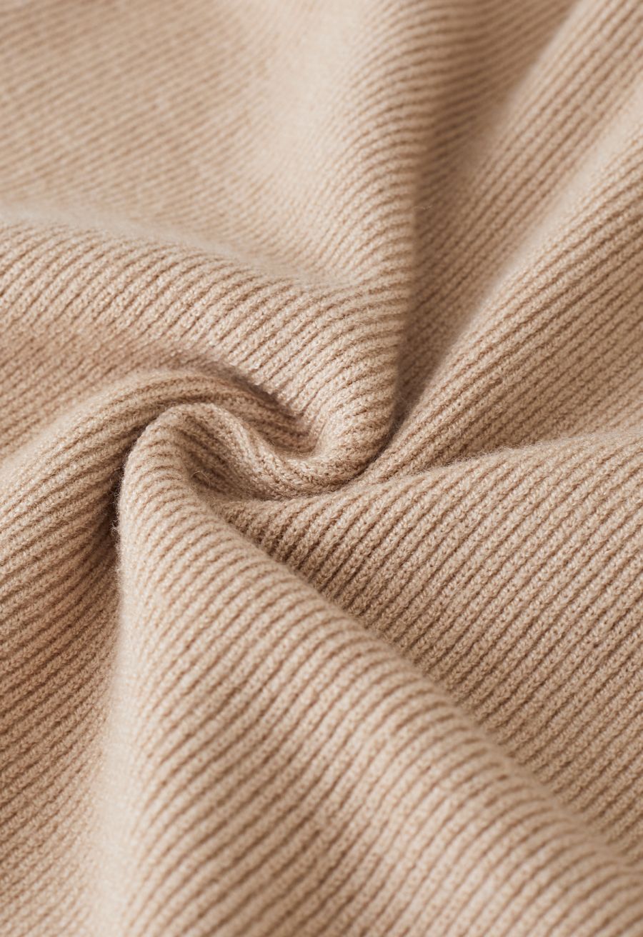 V-Neck Button Down Knit Midi Dress in Light Tan