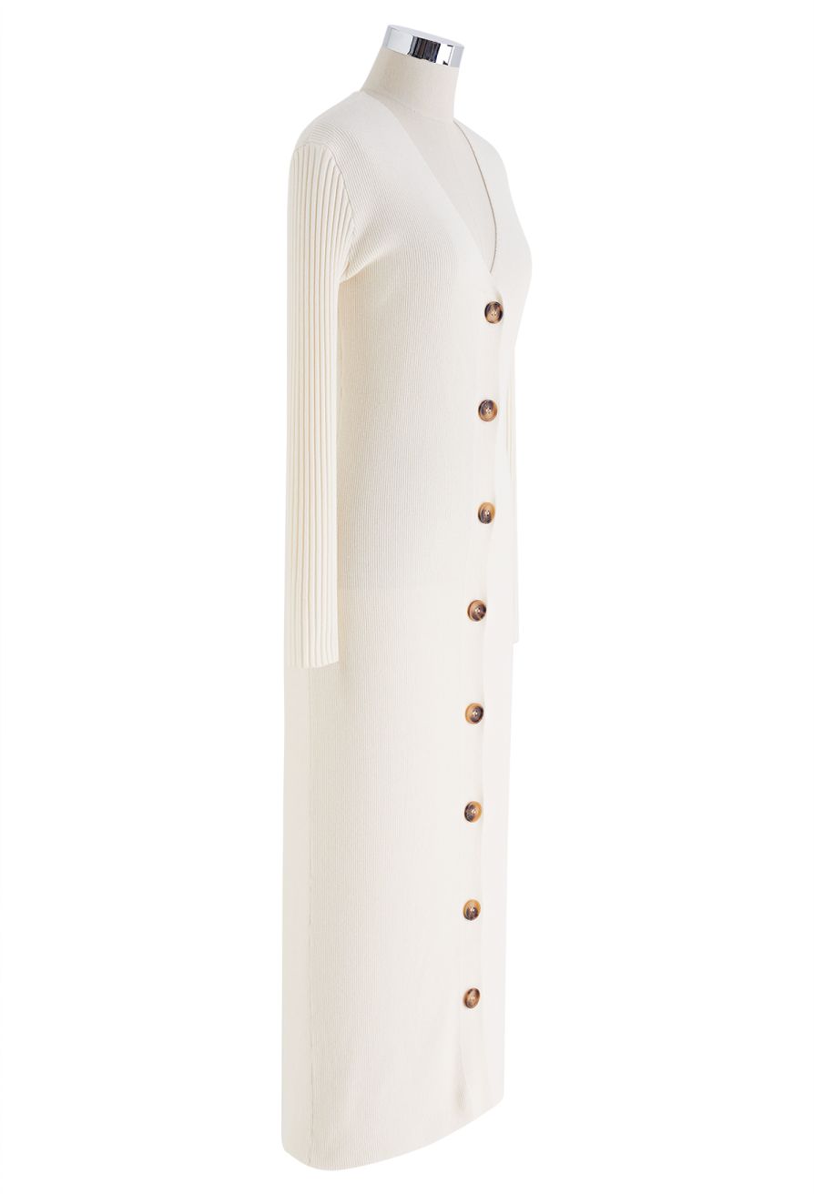 V-Neck Button Down Knit Midi Dress in Cream