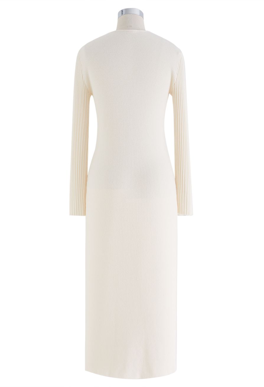 V-Neck Button Down Knit Midi Dress in Cream