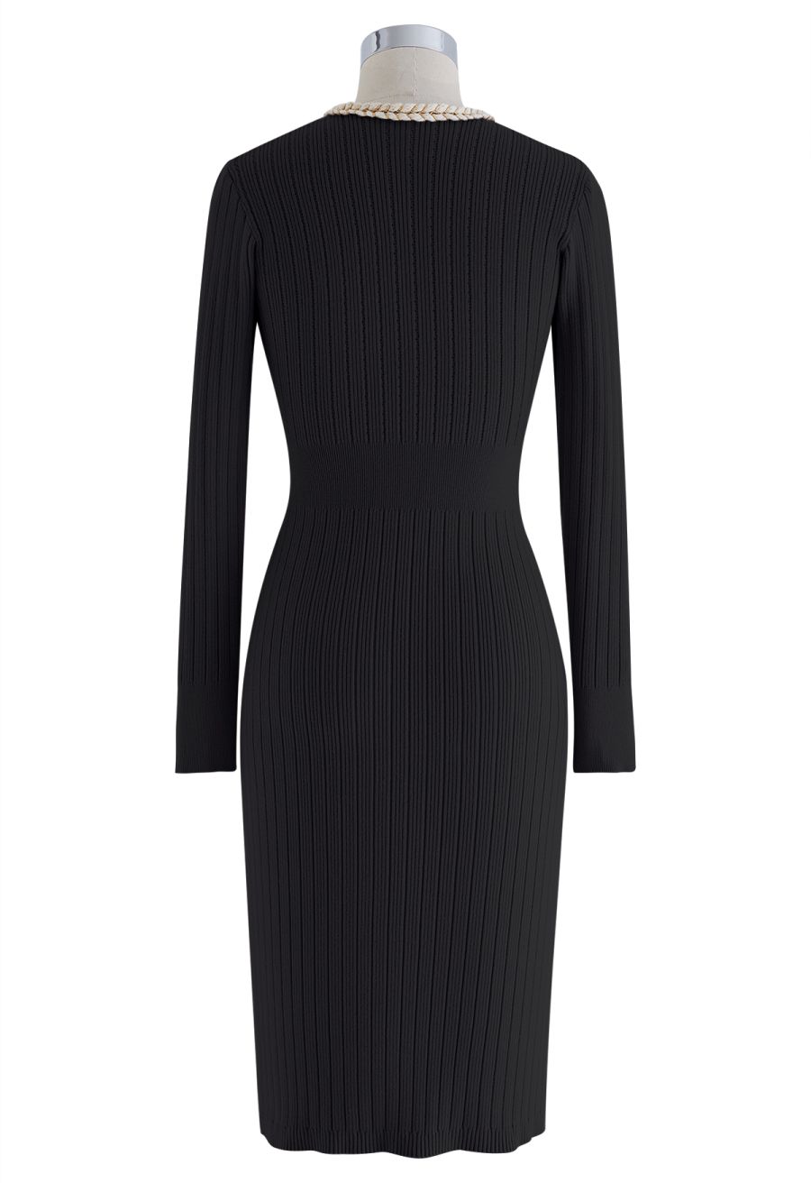 Braided Edge Golden Button Bodycon Knit Dress in Black