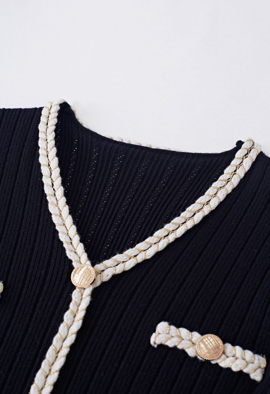 Braided Edge Golden Button Bodycon Knit Dress in Black