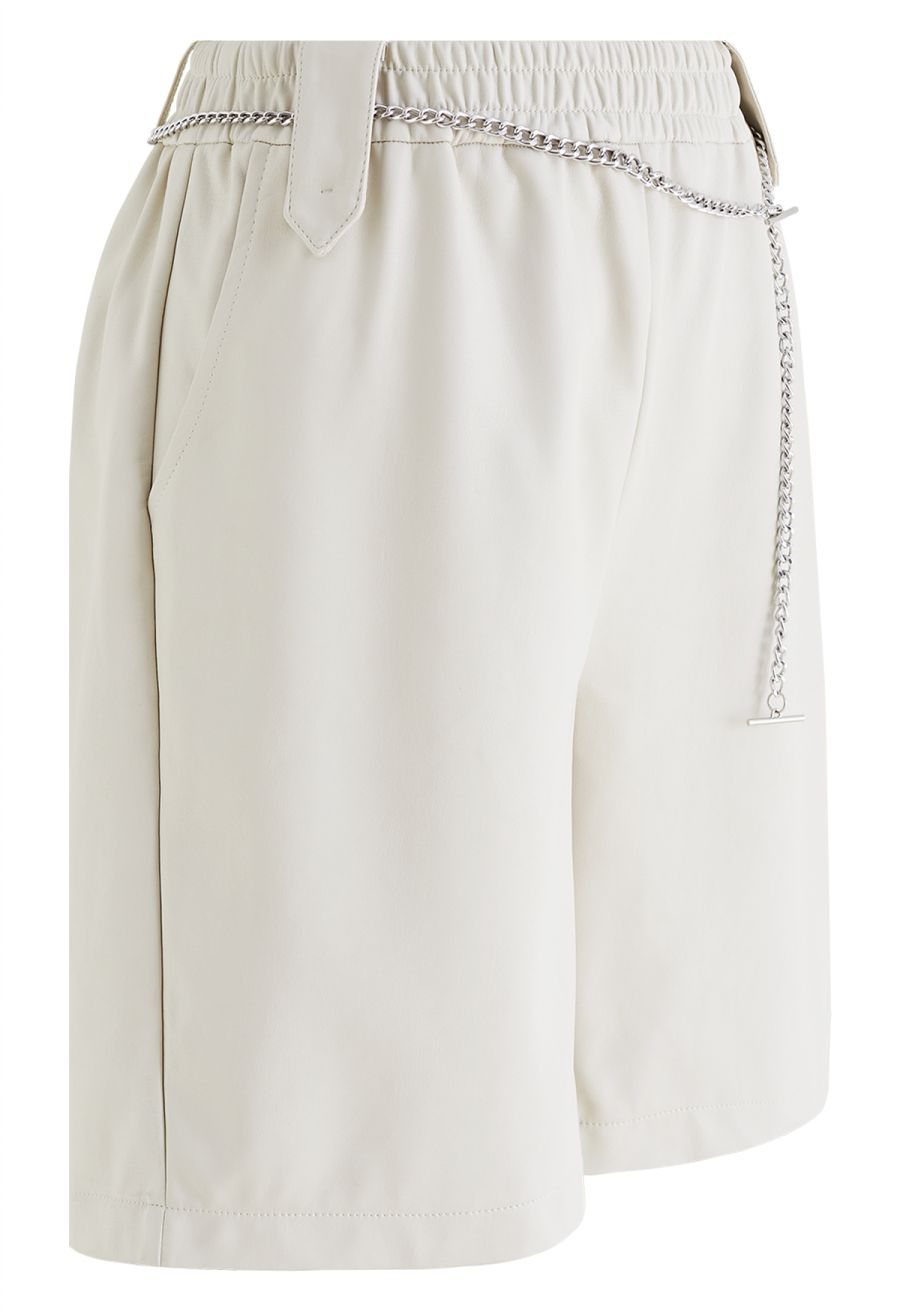 Silver Chain Faux Leather Shorts in Ivory