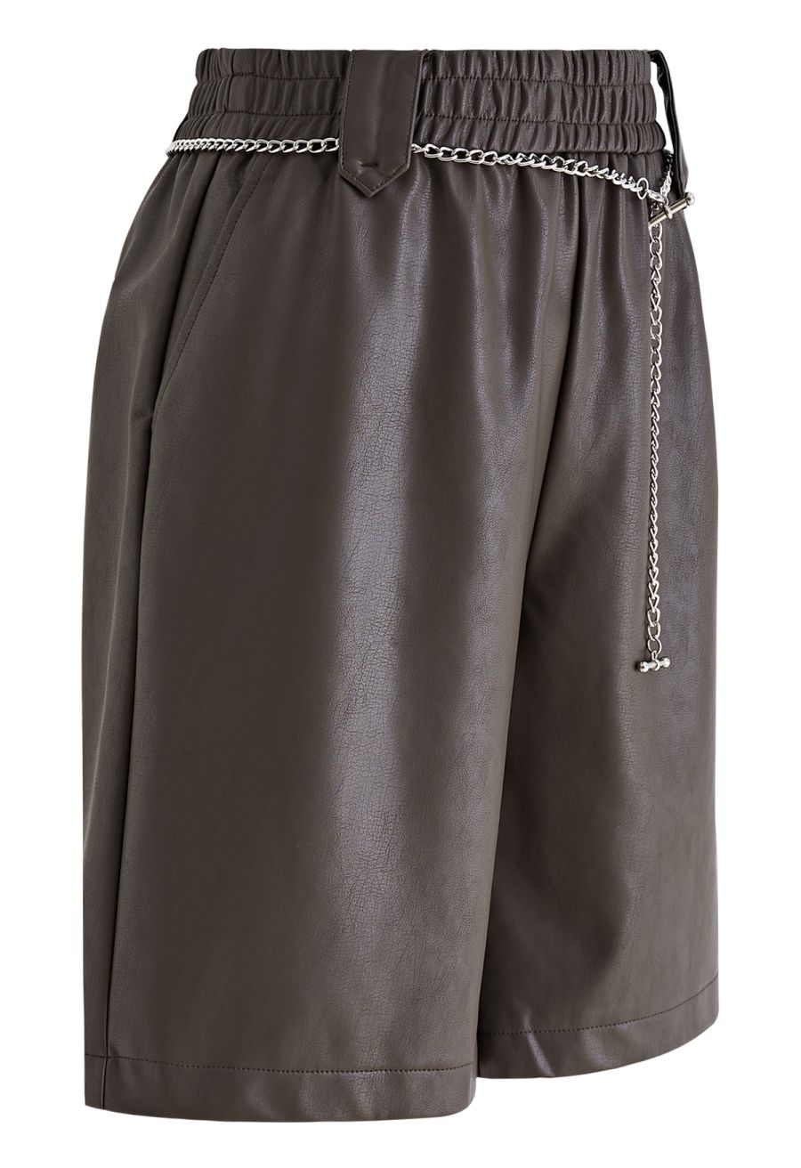 Silver Chain Faux Leather Shorts in Brown
