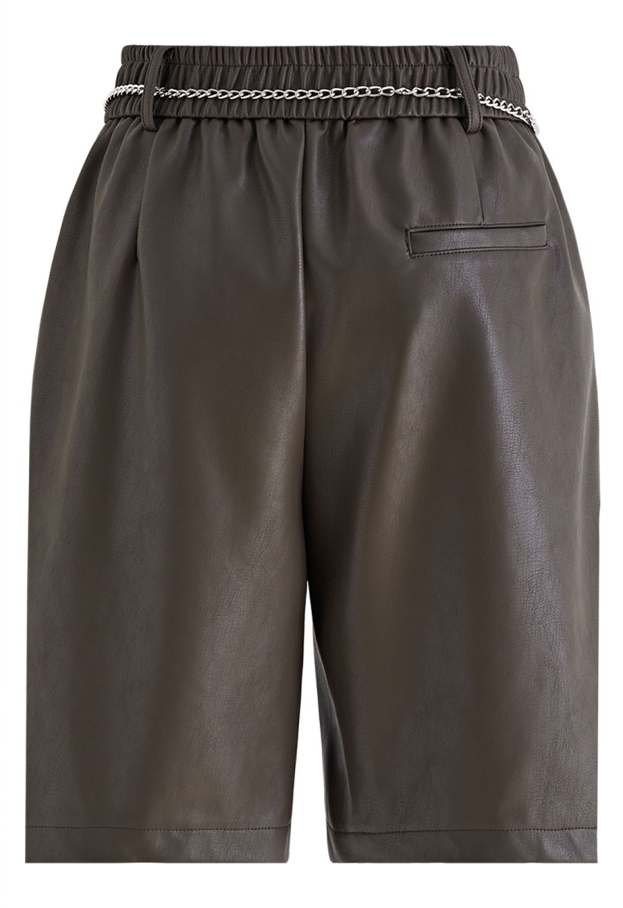 Silver Chain Faux Leather Shorts in Brown