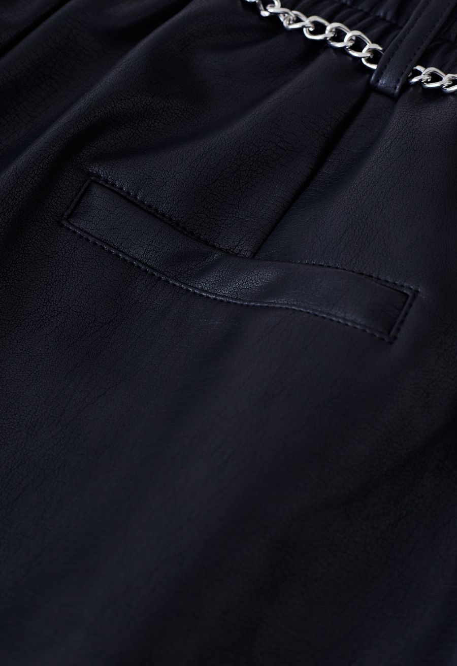 Silver Chain Faux Leather Shorts in Black