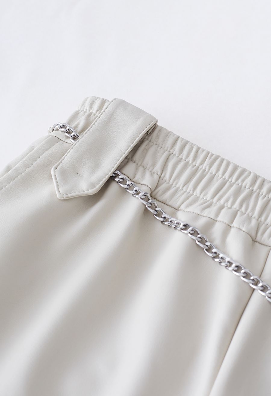 Silver Chain Faux Leather Shorts in Ivory