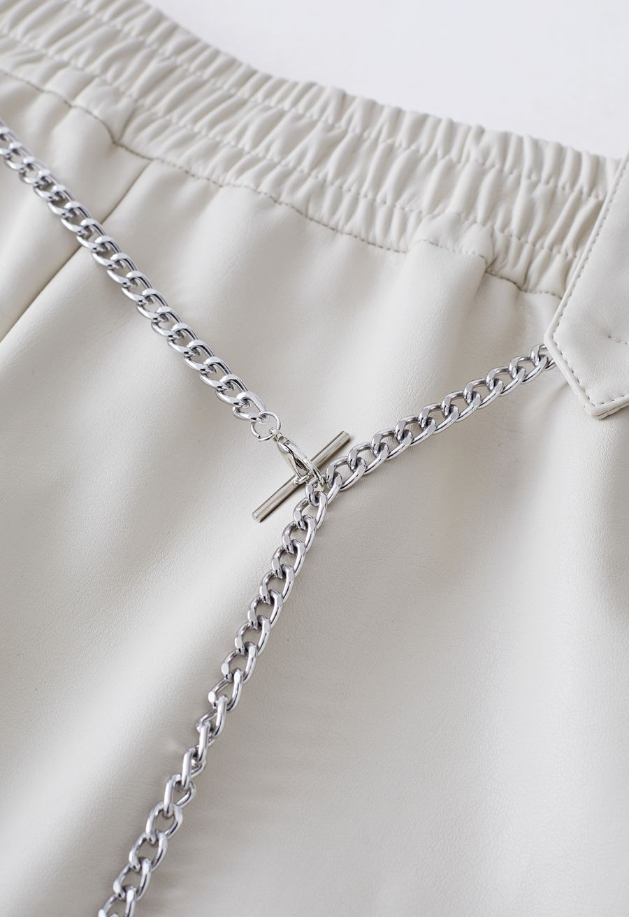 Silver Chain Faux Leather Shorts in Ivory