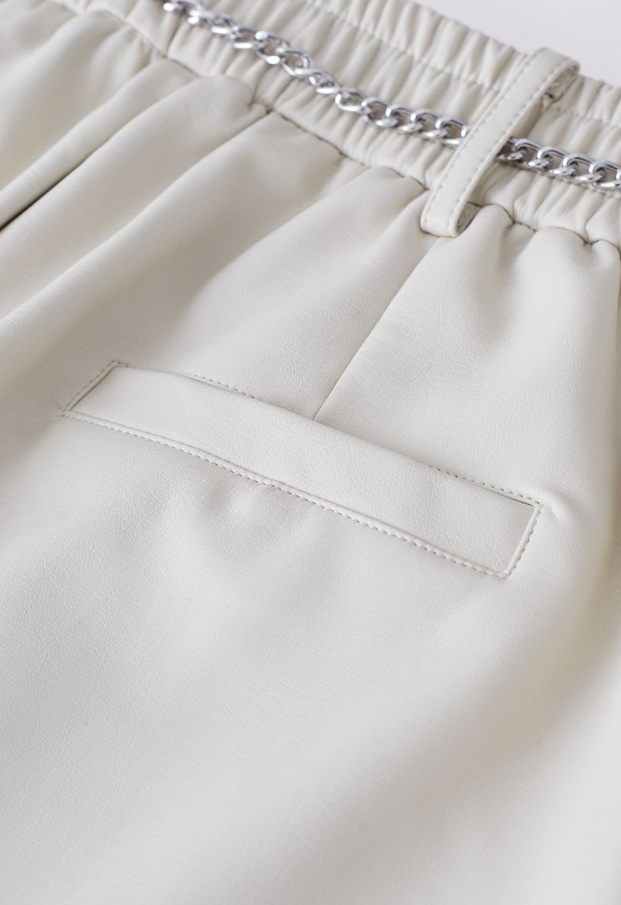 Silver Chain Faux Leather Shorts in Ivory