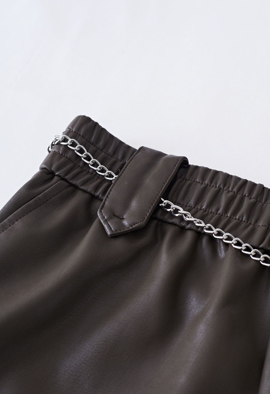 Silver Chain Faux Leather Shorts in Brown