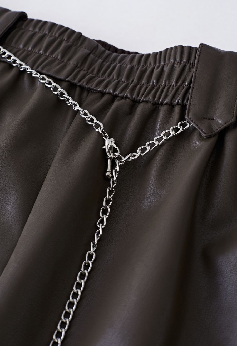 Silver Chain Faux Leather Shorts in Brown