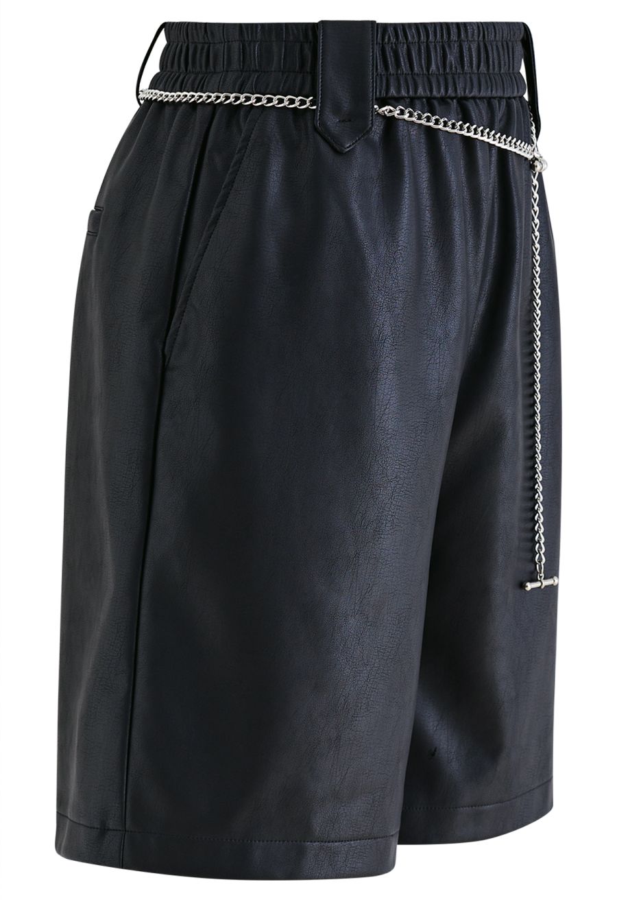Silver Chain Faux Leather Shorts in Black