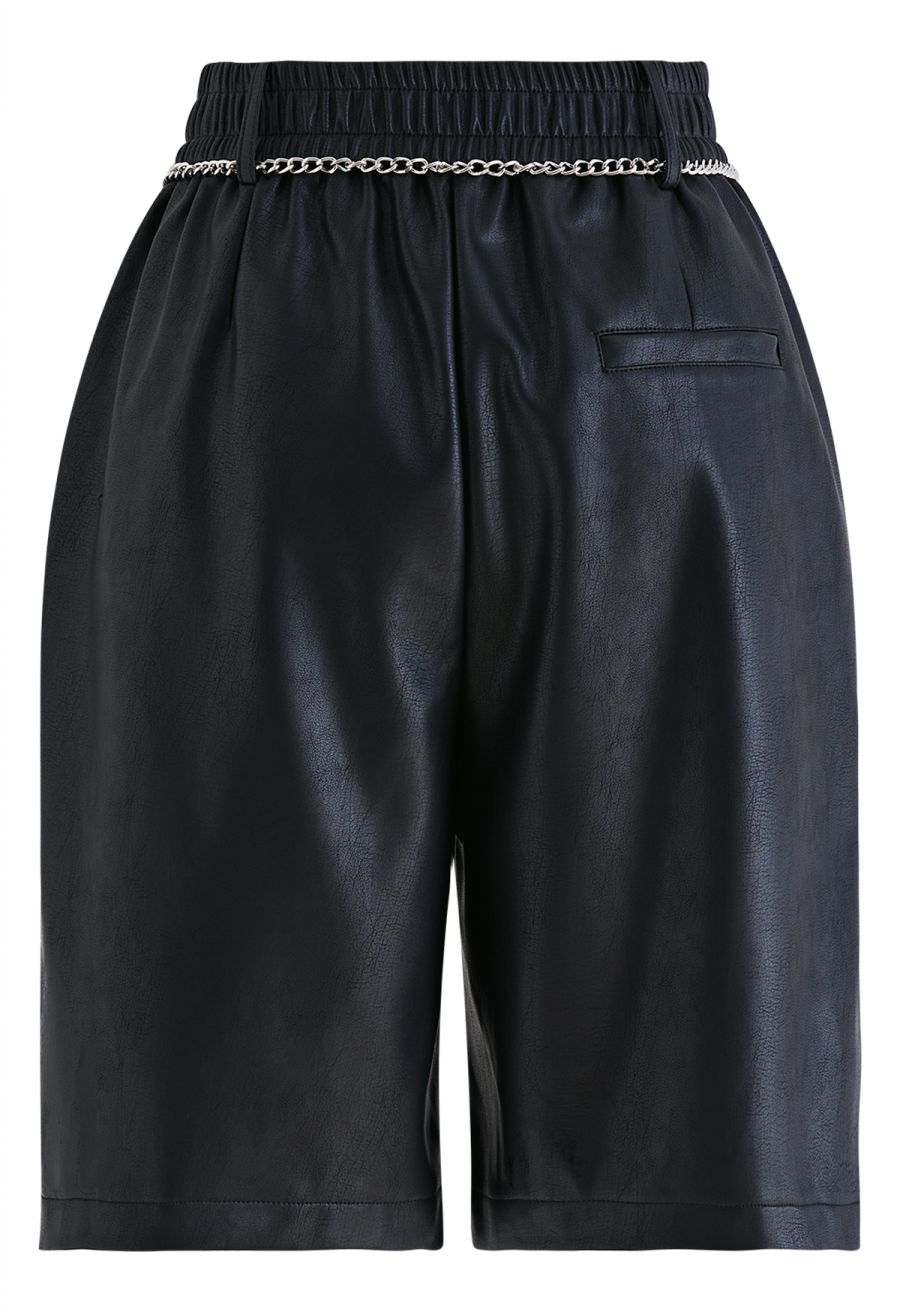 Silver Chain Faux Leather Shorts in Black
