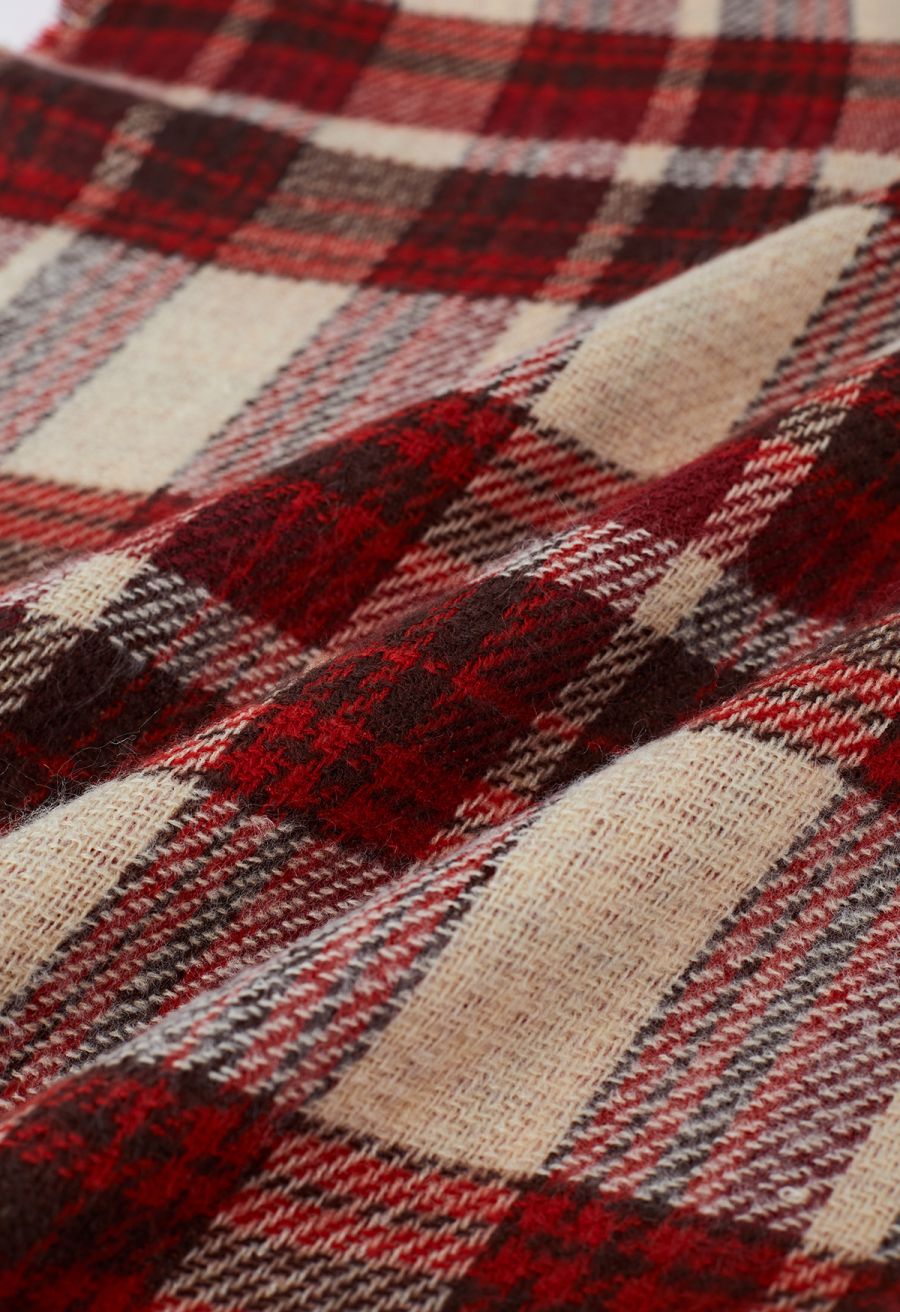 Mix Color Check Tassel Edge Scarf in Red