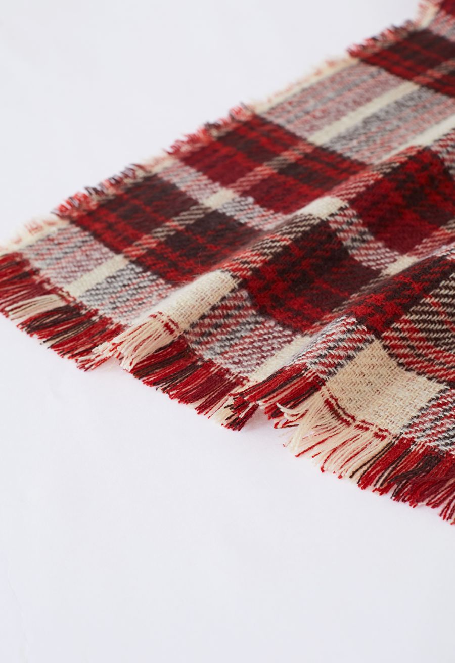 Mix Color Check Tassel Edge Scarf in Red