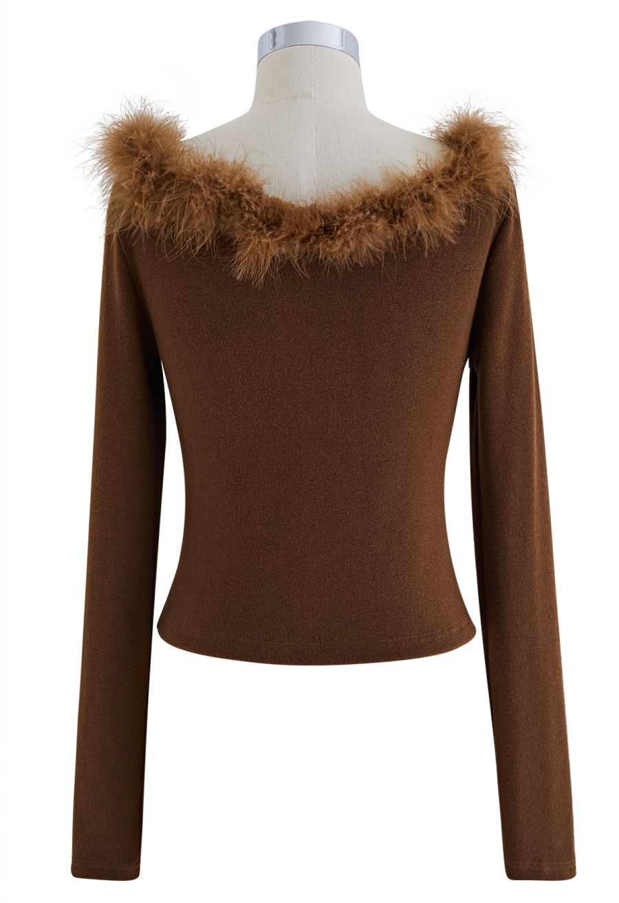 Light Feather Off-Shoulder Knit Crop Top in Brown