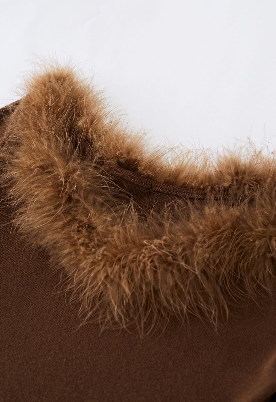 Light Feather Off-Shoulder Knit Crop Top in Brown