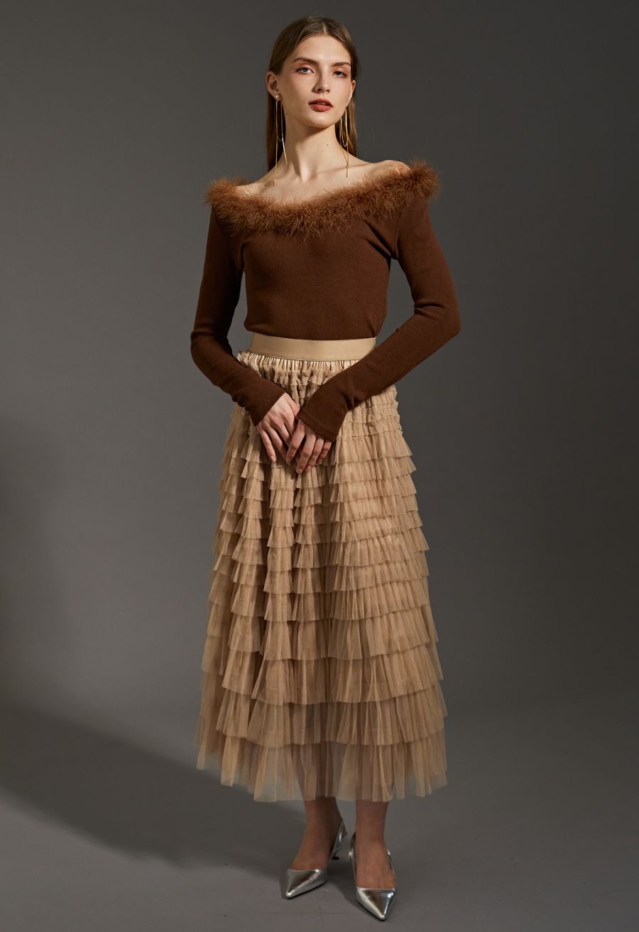 Swan Cloud Midi Skirt in Light Tan