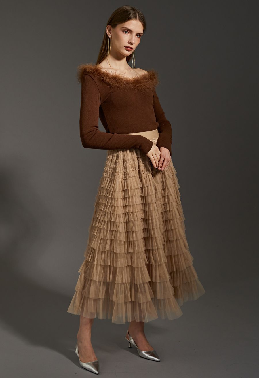 Light Feather Off-Shoulder Knit Crop Top in Brown