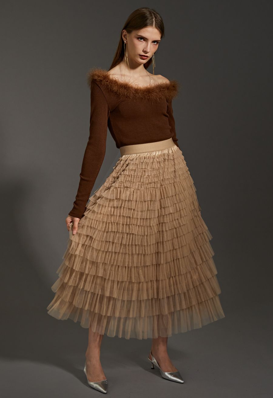 Light Feather Off-Shoulder Knit Crop Top in Brown