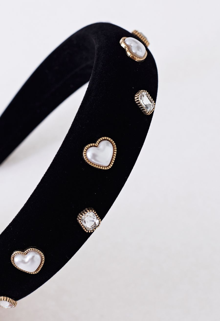 Rhinestone Pearly Velvet Headband in Black