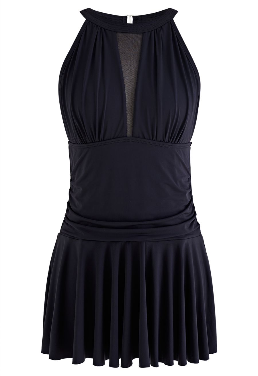 Halter Neck Mesh Inserted Swim Dress Set