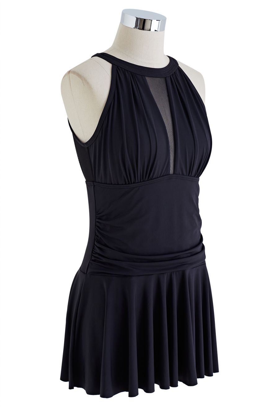 Halter Neck Mesh Inserted Swim Dress Set