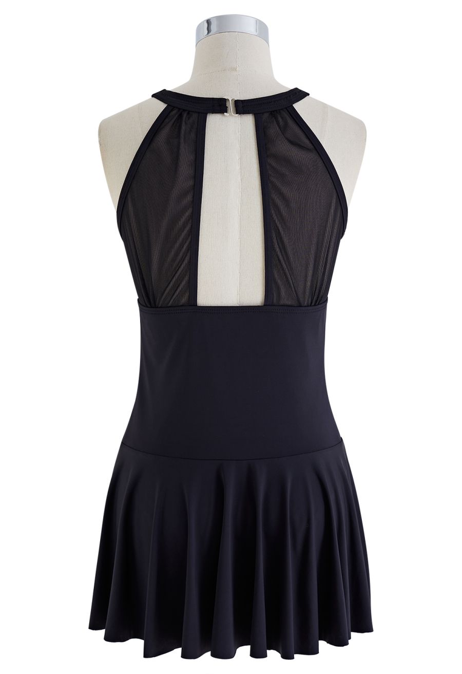 Halter Neck Mesh Inserted Swim Dress Set