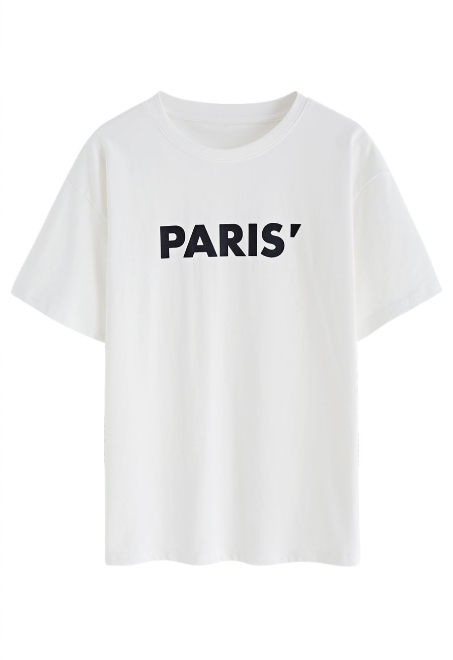 Paris Print Round Neck T-Shirt in White