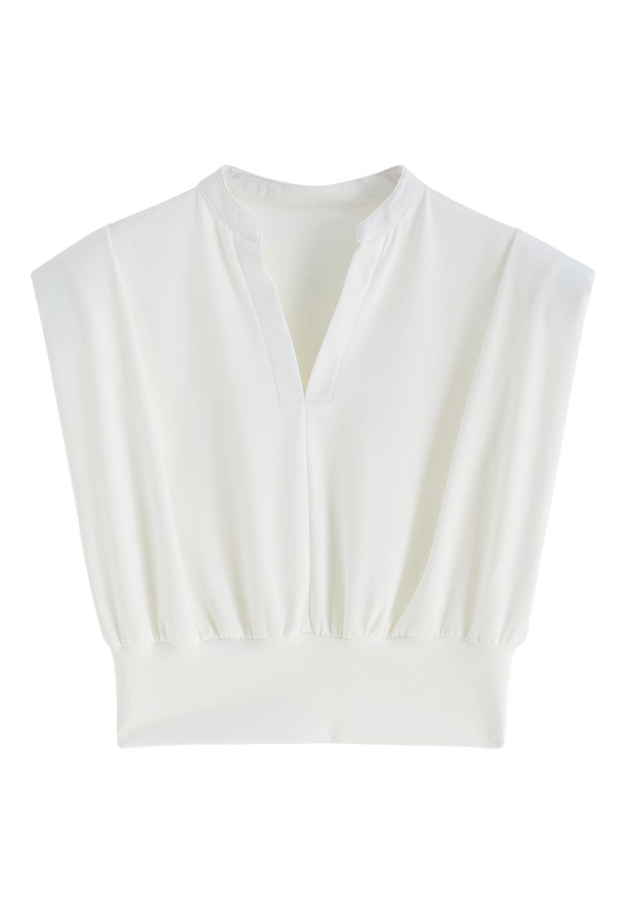 Padded Shoulder V-Neck Sleeveless Top in White