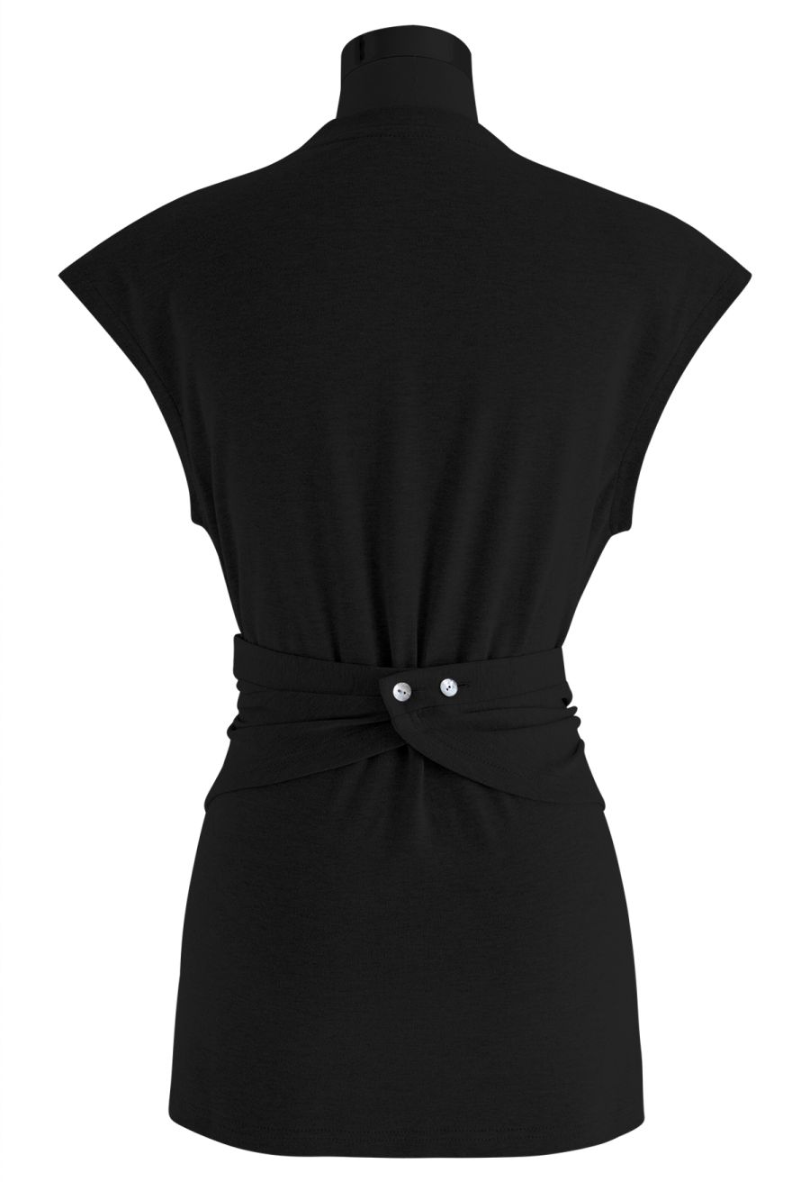 Crisscross Waist Sleeveless Cotton Top in Black